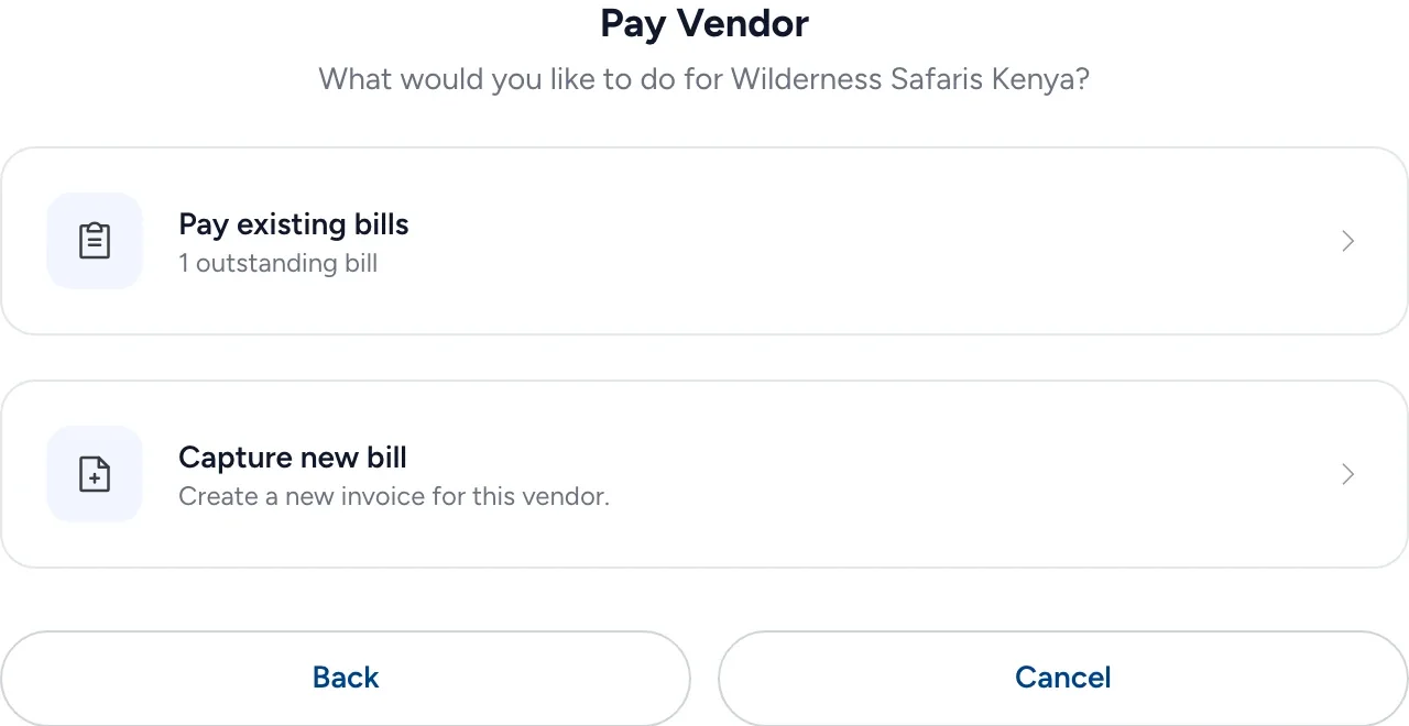 Pay Vendor in Triply: pay Wilderness Safaris Kenya&rsquo;s existing bill, or capture a new one.