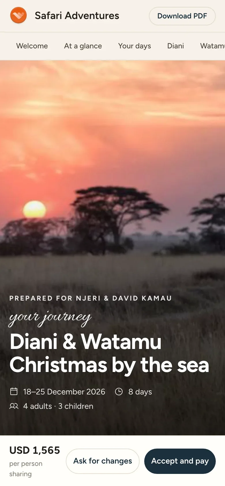 The itinerary on the client&rsquo;s phone: Diani and Watamu, Christmas by the sea, with the price and Accept and pay.
