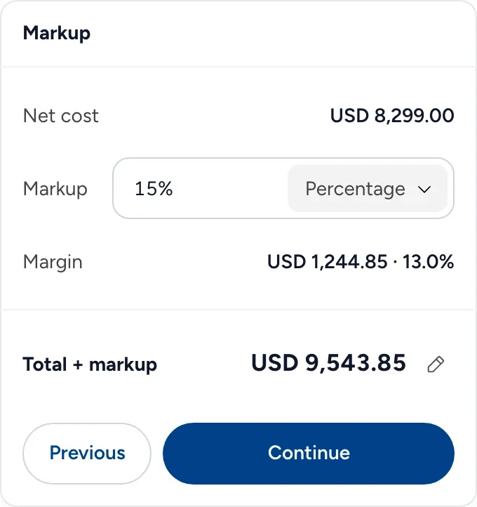 The quote&rsquo;s Markup step: net cost USD 8,299, a 15% markup, the margin and the total.