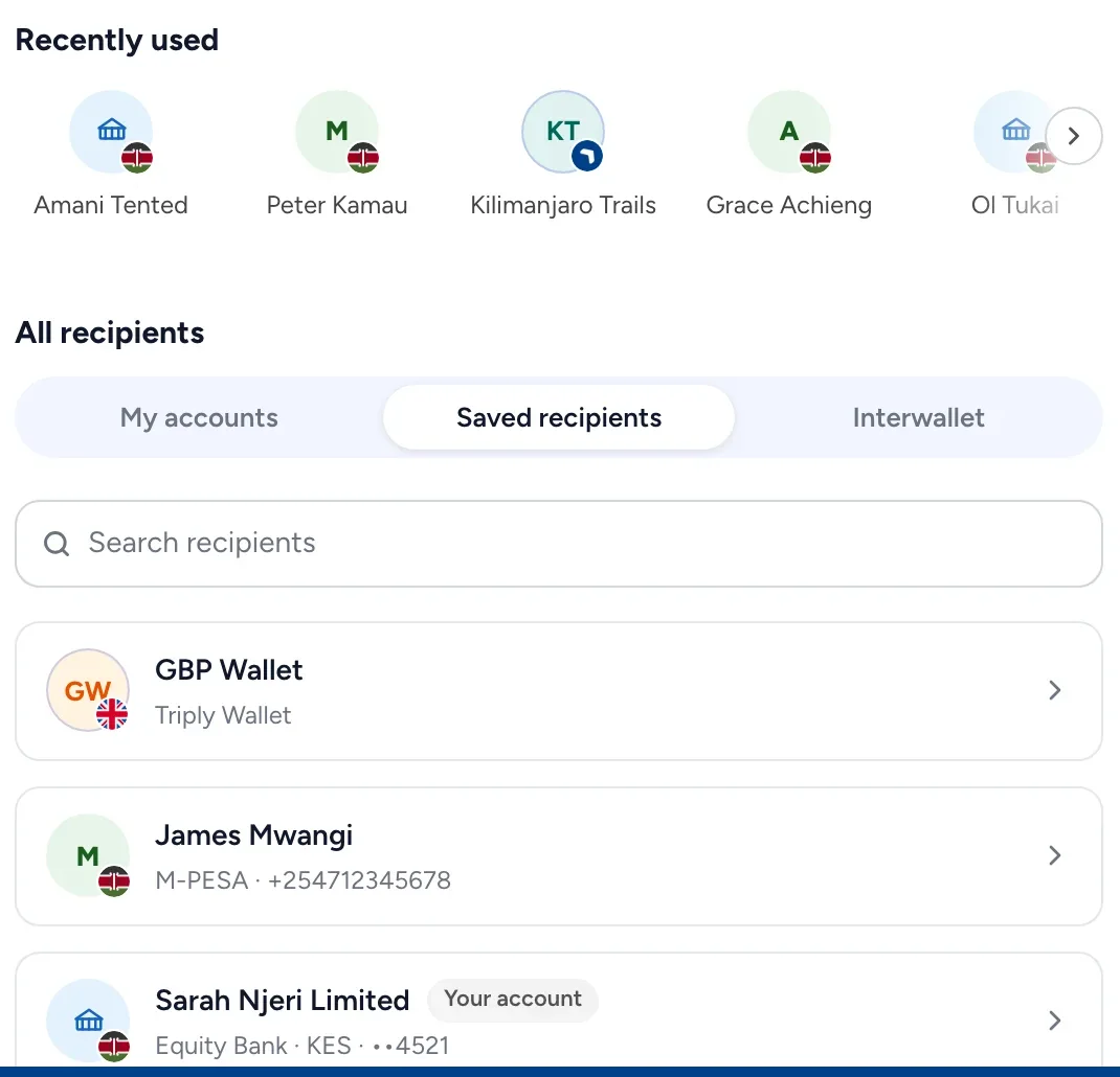 Send Money in Triply: recent recipients, and your own accounts, saved recipients and other Triply businesses.