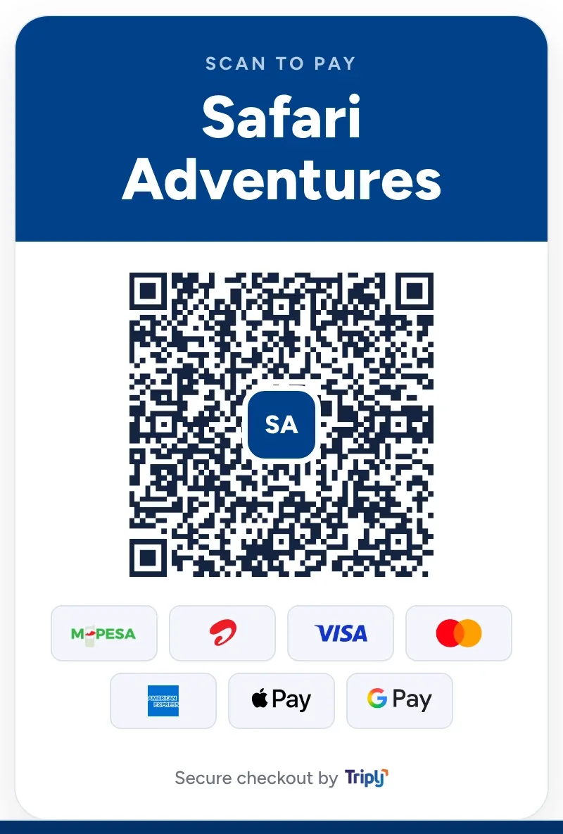 The Scan to Pay poster: Safari Adventures, its QR code and the ways to pay.
