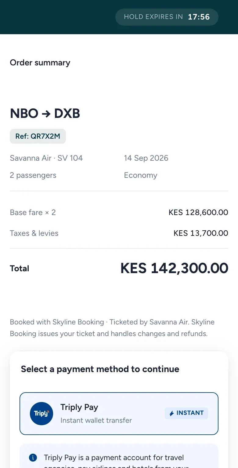 A booking platform&rsquo;s checkout: Nairobi to Dubai for KES 142,300, with Triply Pay as the way to pay.