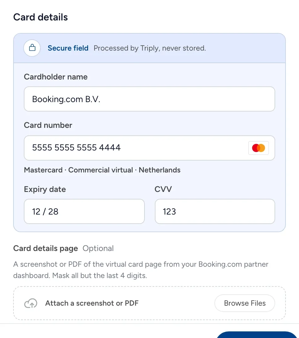 The virtual terminal&rsquo;s card details: Booking.com B.V. as the cardholder, the card number, expiry and CVV in a secure field.