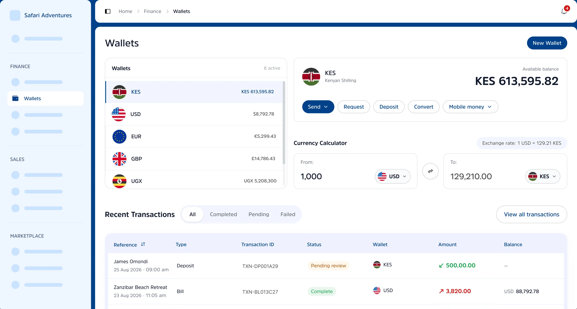 The Triply wallets screen: balances in five currencies, a currency calculator and recent transactions