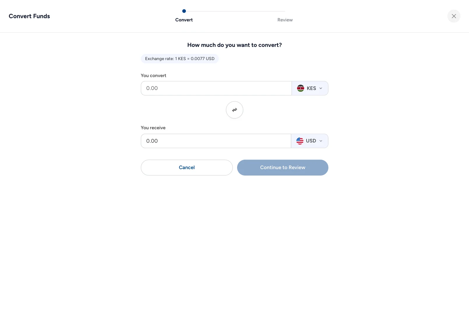 Convert Funds in Triply: KES 250,000 entered, the currency to receive changed from USD to EUR to GBP with the amount and rate following, then the review: GBP 1,460.00 at 1 KES = 0.0058 GBP, free