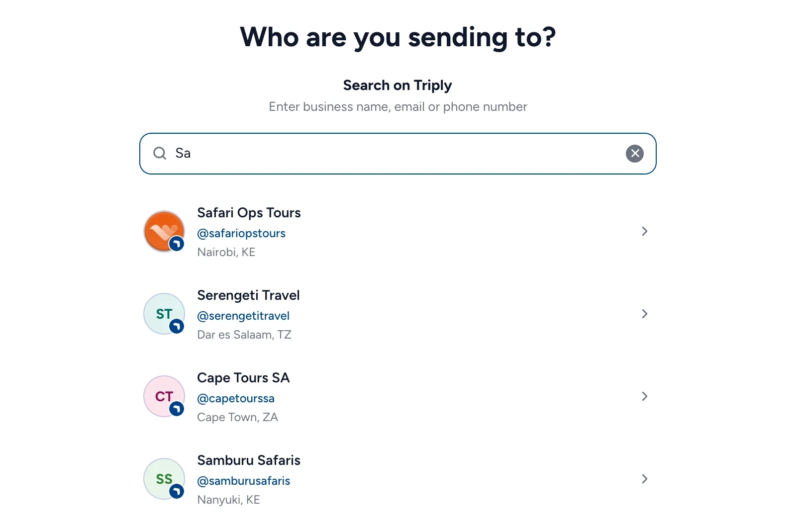 Inter-wallet transfer, Who are you sending to: a search for “Sa” on Triply finds Safari Ops Tours, Serengeti Travel, Cape Tours SA and Samburu Safaris