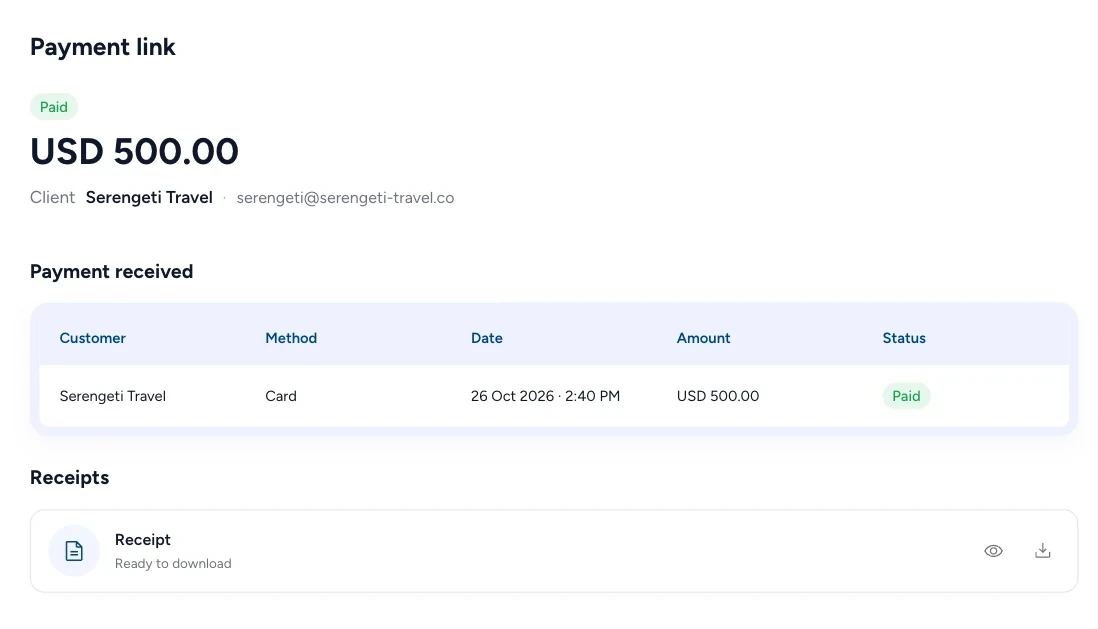 A paid payment link: Serengeti Travel paid USD 500 by card on 26 Oct 2026, with the payment received and its receipt ready to download