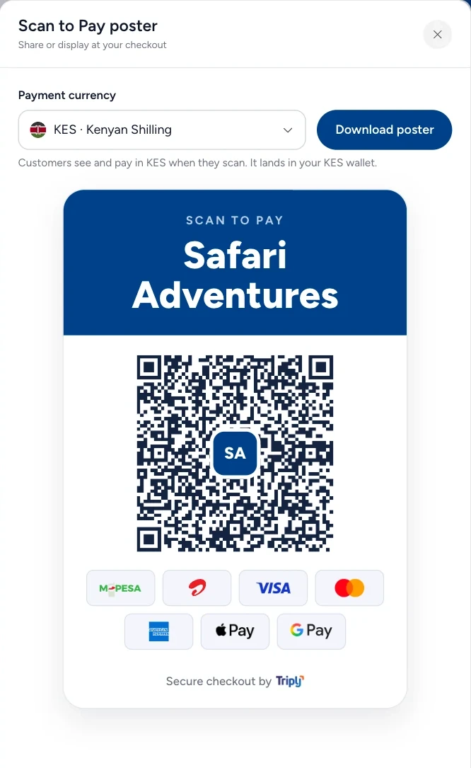 The Scan to Pay poster sheet: payment currency KES with Download poster, and Safari Adventures’ poster with the QR code customers scan to pay by mobile money, card, Apple Pay or Google Pay