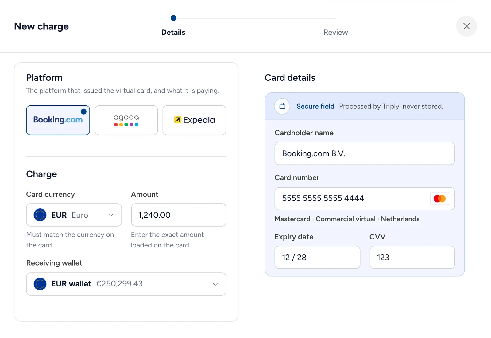 New charge on a Booking.com virtual card: EUR 1,240.00 into the EUR wallet
