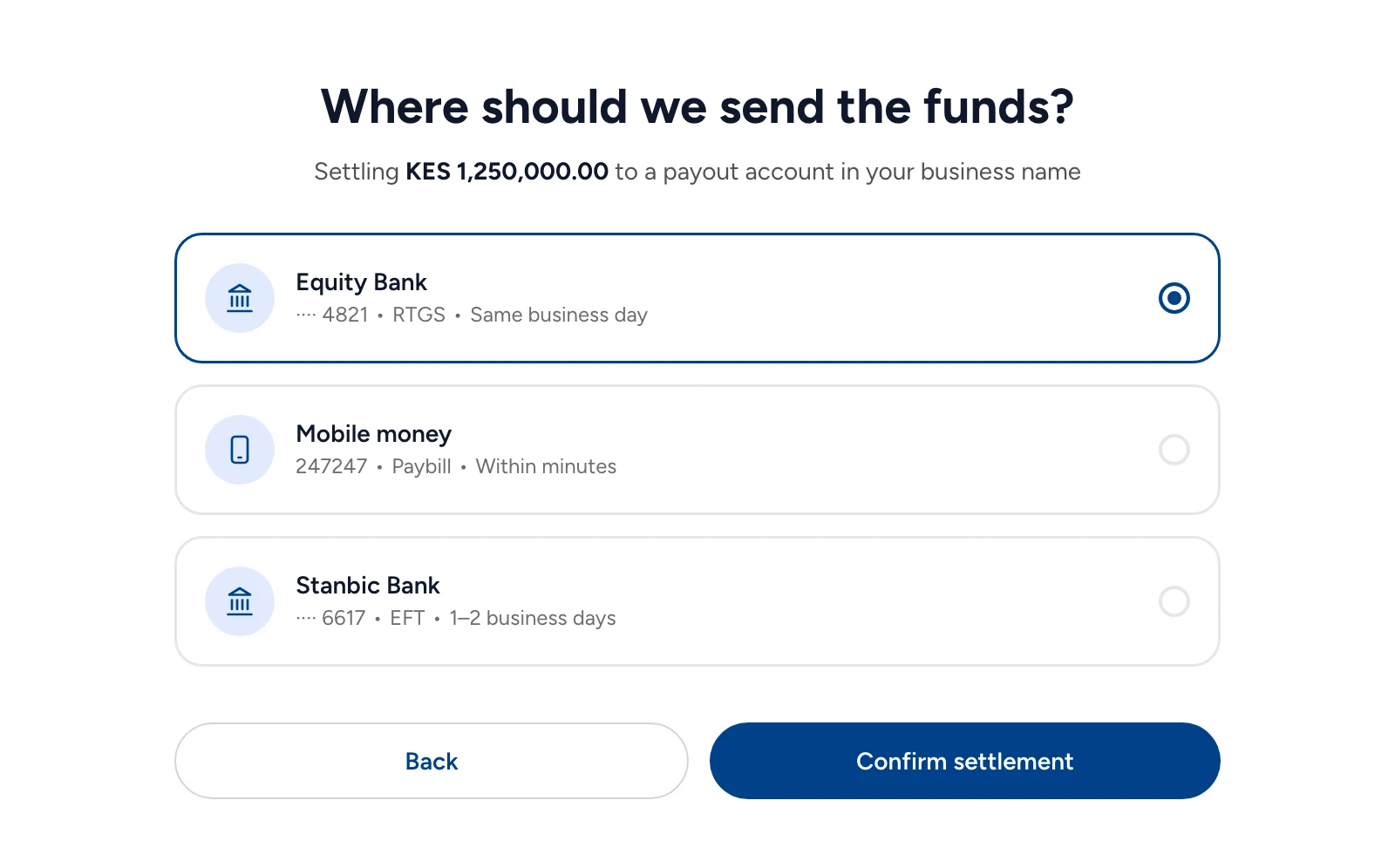Settling KES 1,250,000 to a payout account in your business name: Equity Bank by RTGS, the same business day, chosen over mobile money and Stanbic Bank