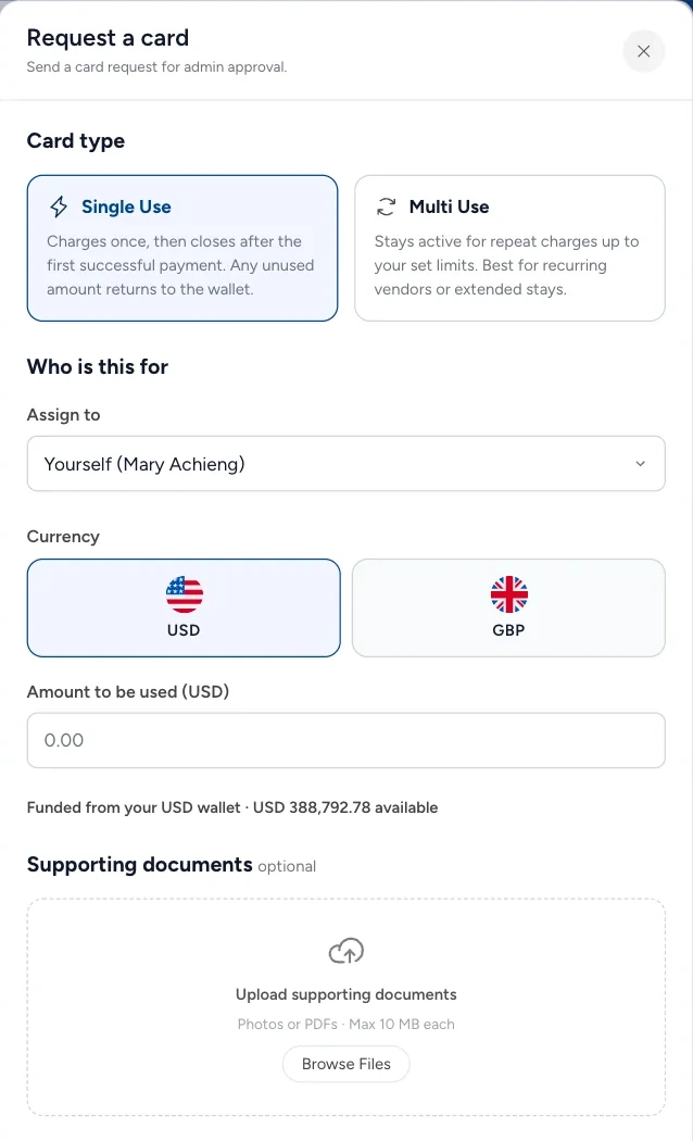 Request a card in Triply, its card type switching between Single Use, which closes after one payment, and Multi Use, for repeat charges up to set limits