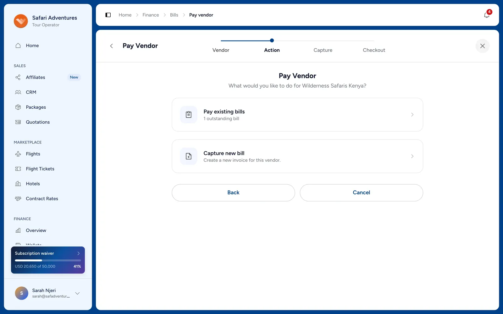Pay Vendor: pay the vendor&rsquo;s existing bills, or capture a new one.