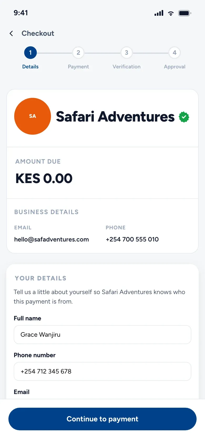 The checkout&rsquo;s details step: full name Grace Wanjiru, phone number and email.