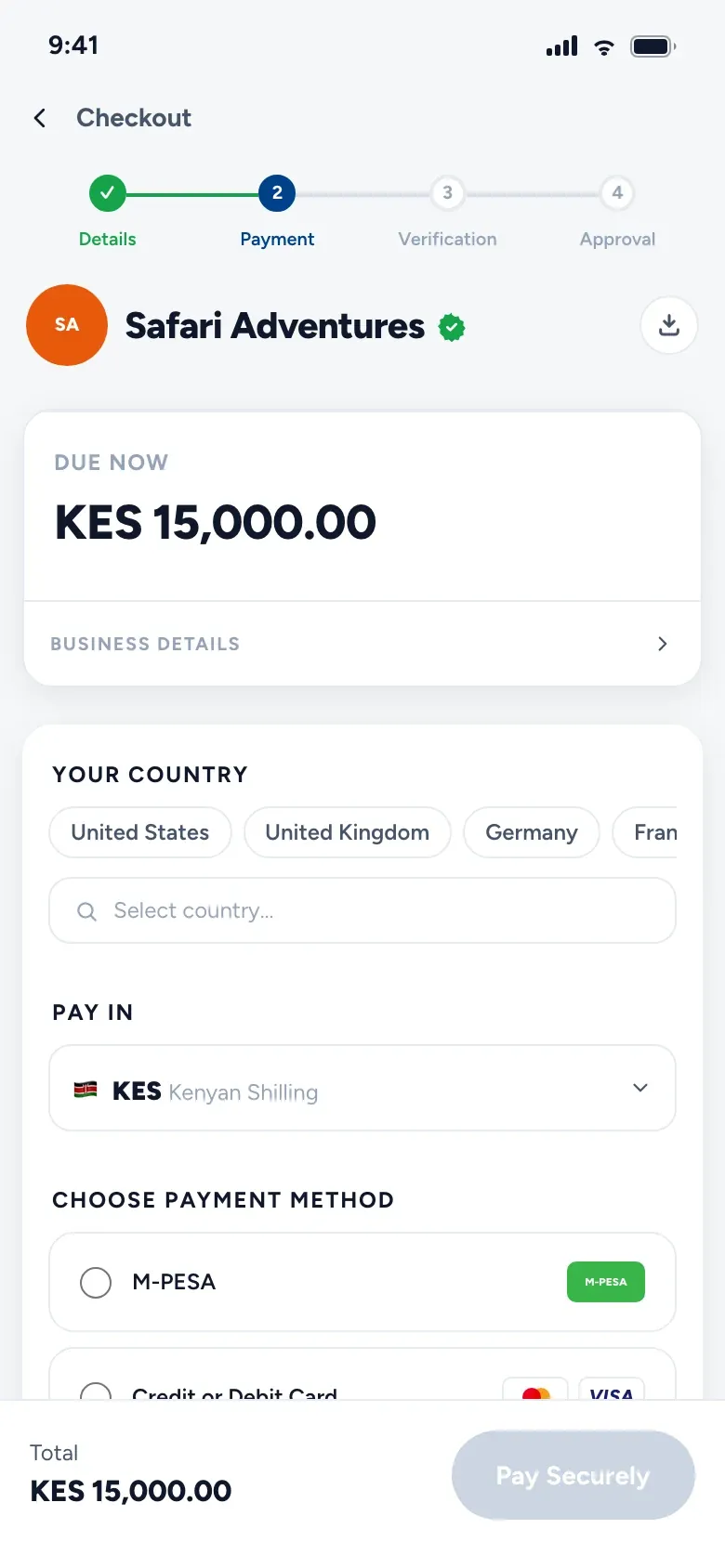 The traveler&rsquo;s checkout on a phone: KES 15,000 due, Kenya chosen, mobile money picked.