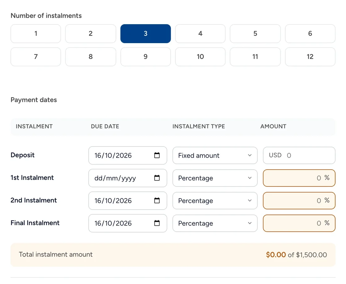 An invoice&rsquo;s payment plan: the number of instalments, from 1 to 12, and each one&rsquo;s due date and amount.
