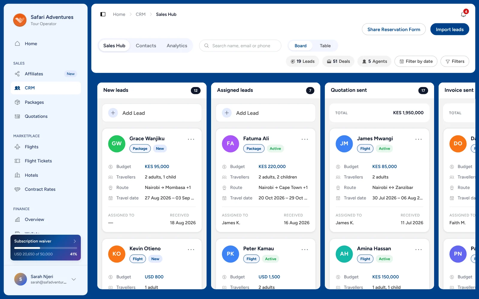 Triply&rsquo;s Sales hub: enquiries as cards in columns, from new leads to quotations sent. A lead&rsquo;s menu opens on Generate quote.
