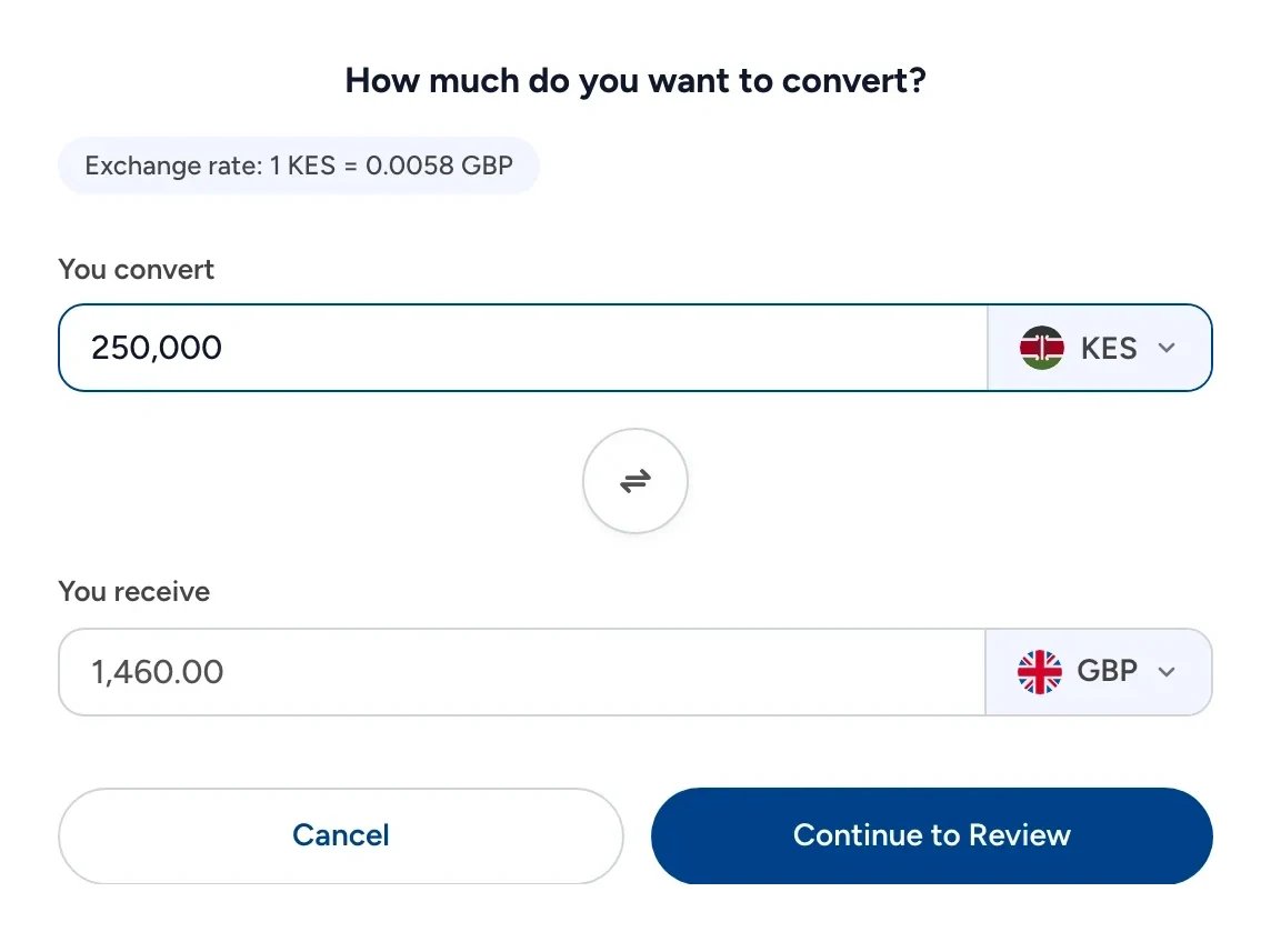 Convert Funds: KES 250,000 into pounds, with the exchange rate shown above.