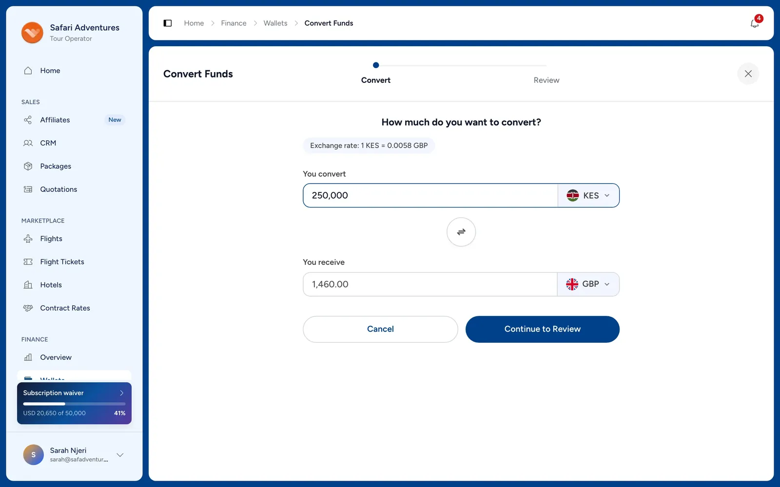 Convert Funds: KES 250,000 into pounds, with the exchange rate shown above.