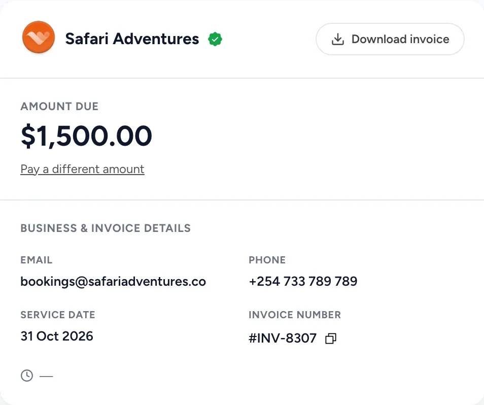 The page your client pays an invoice from: USD 1,500 due to Safari Adventures.