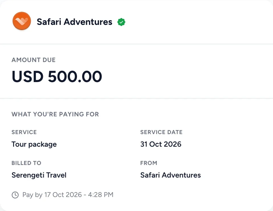 The payment page: Safari Adventures, verified, USD 500 due for a tour package on 31 Oct 2026, billed to Serengeti Travel, pay by 17 Oct 2026.