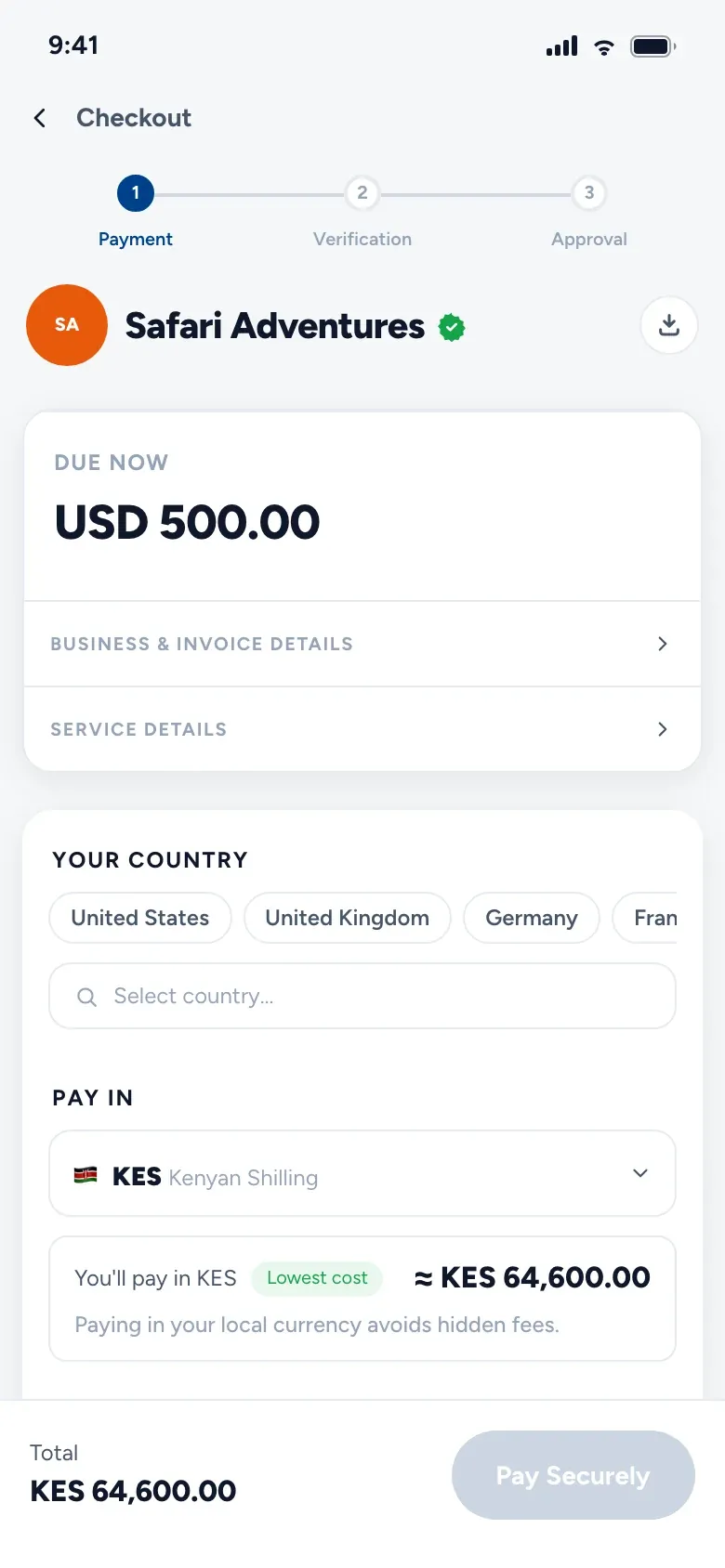 The same link on a phone in Kenya: USD 500 due, paid in shillings at KES 64,600.
