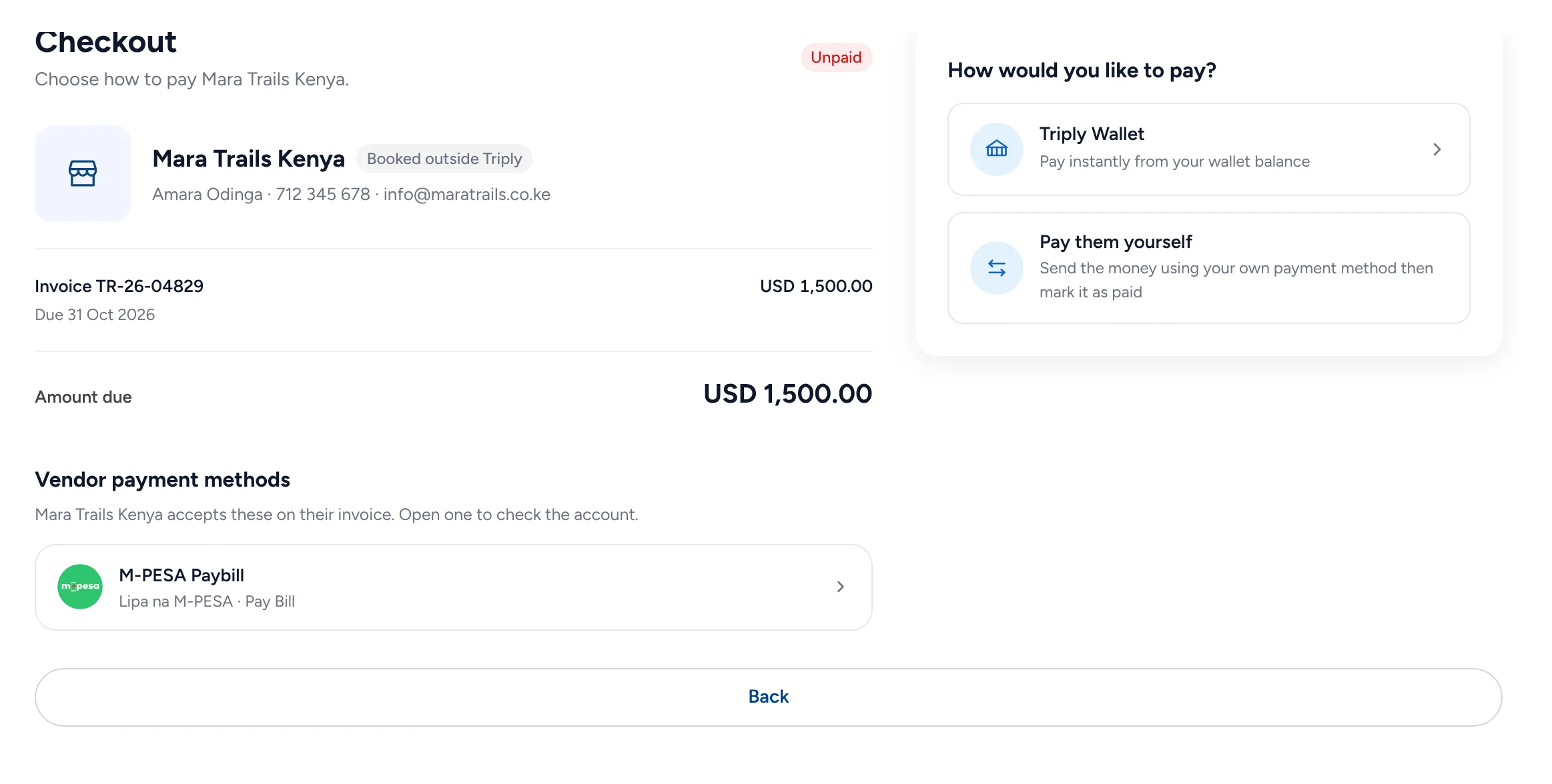 Checkout for Mara Trails Kenya, booked outside Triply: invoice TR-26-04829 for USD 1,500 due 31 Oct 2026, the vendor&rsquo;s mobile money Paybill, and pay from Triply Wallet or pay them yourself.
