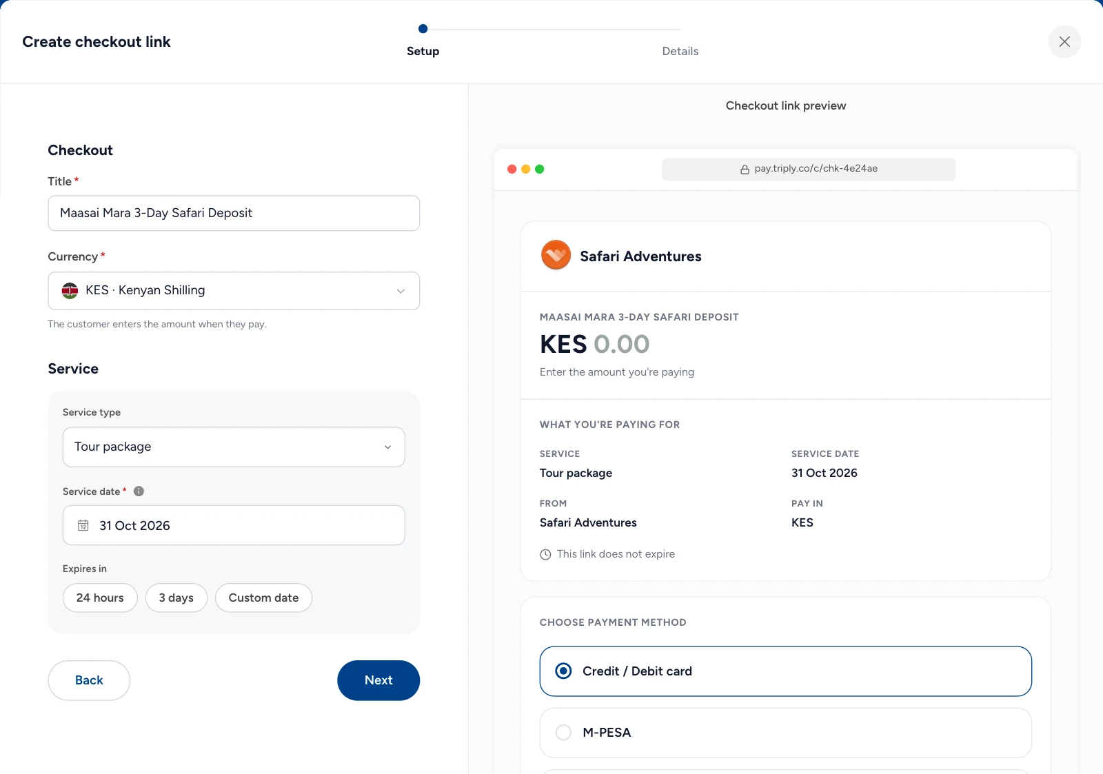 Create checkout link: title Maasai Mara 3-Day Safari Deposit, paid in KES, a tour package on 31 Oct 2026, and the checkout preview beside it asking the traveler for the amount.