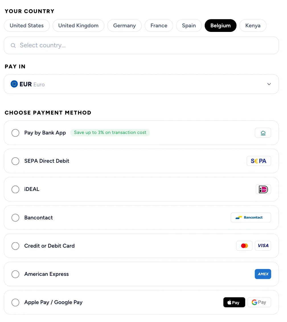 The traveler&rsquo;s checkout from Belgium: paying in EUR by Pay by Bank, SEPA Direct Debit, iDEAL, Bancontact, card, American Express, Apple Pay or Google Pay.