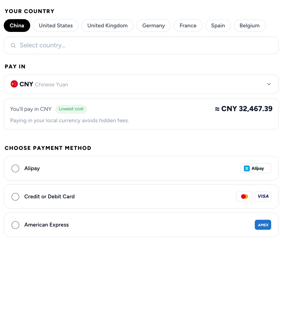 The traveler&rsquo;s checkout from China: paying in CNY, about CNY 32,467.39, by Alipay, card or American Express.