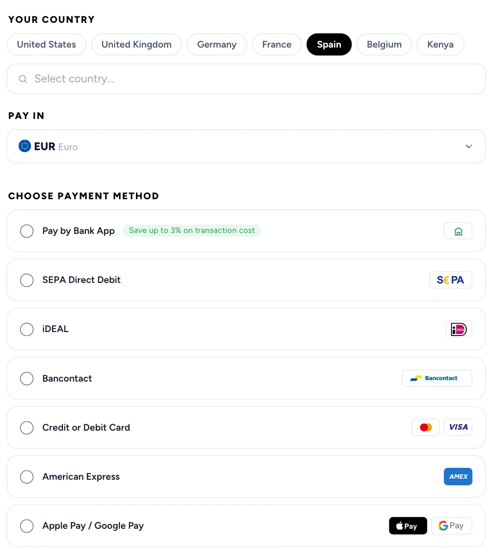The traveler&rsquo;s checkout from Spain: paying in EUR by Pay by Bank, SEPA Direct Debit, iDEAL, Bancontact, card, American Express, Apple Pay or Google Pay.
