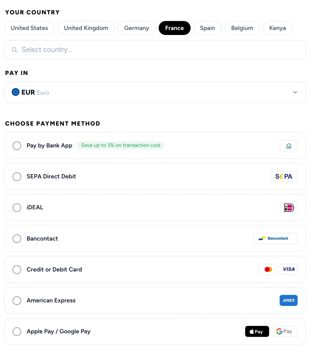 The traveler&rsquo;s checkout from France: paying in EUR by Pay by Bank, SEPA Direct Debit, iDEAL, Bancontact, card, American Express, Apple Pay or Google Pay.