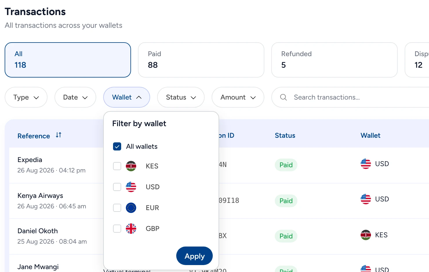 Transactions in Triply, filtered by wallet: KES, USD, EUR and GBP.
