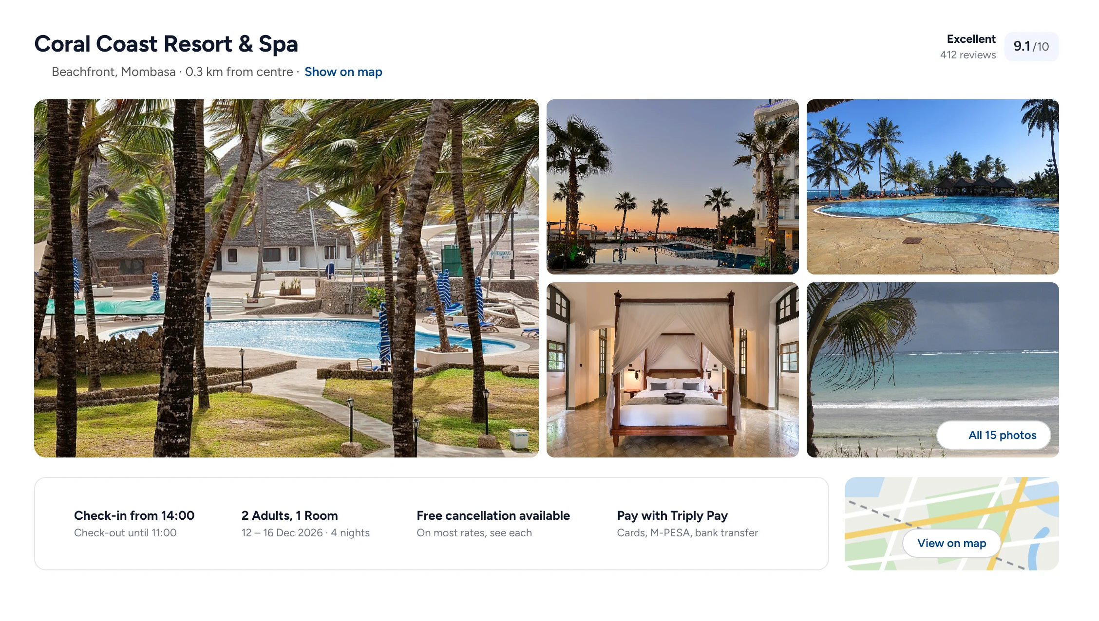 Coral Coast Resort and Spa: a gallery of the pool, rooms and beach, check-in from 14:00, free cancellation available, pay with Triply Pay, and the map.