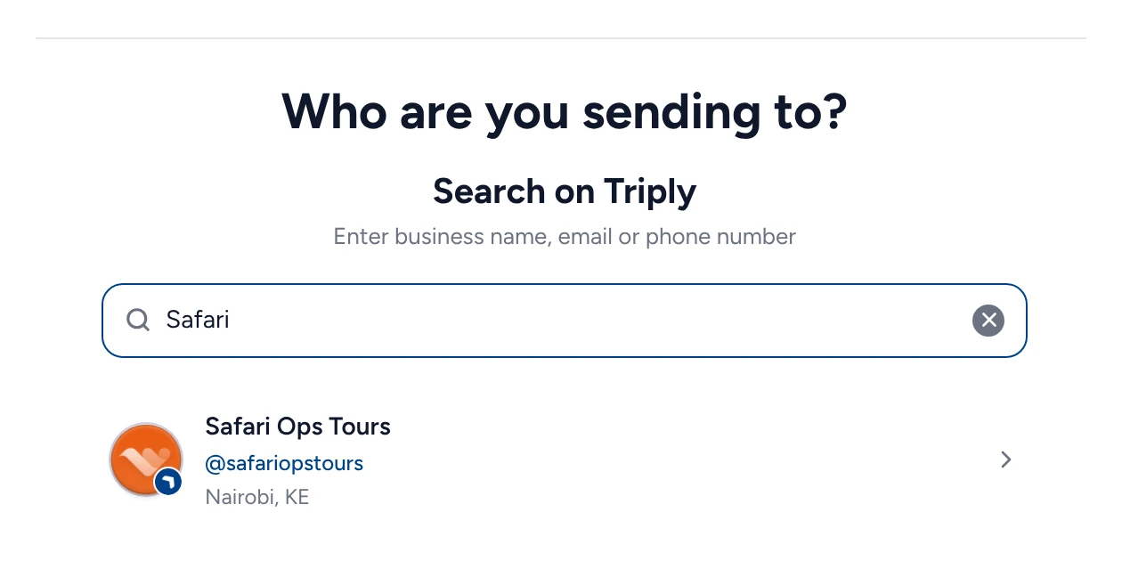 Who are you sending to: searching Triply for Safari, and Safari Ops Tours of Nairobi found.