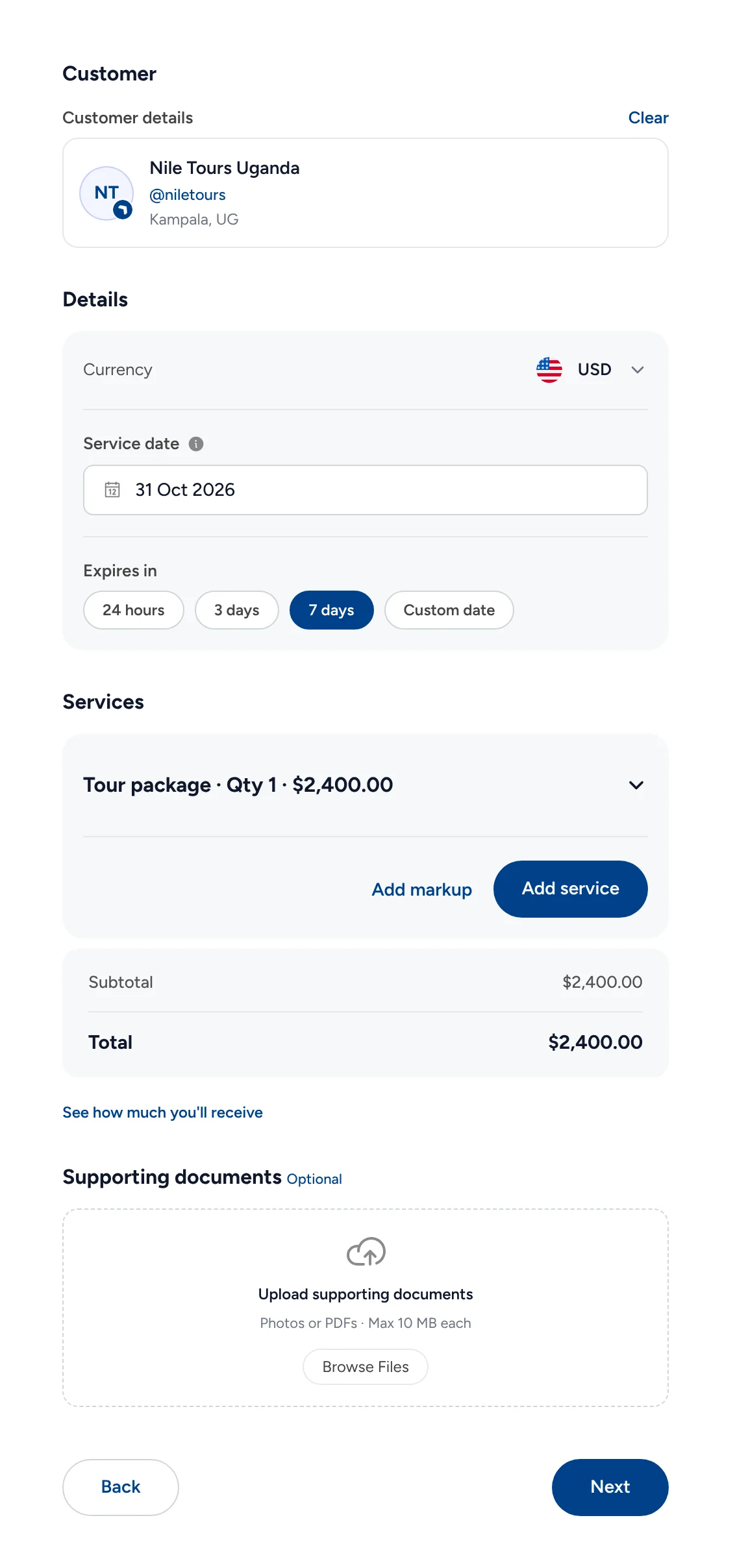 Create Invoice in Triply: Nile Tours Uganda as the customer, USD, service date 31 Oct 2026, expires in 7 days, a tour package of USD 2,400, Add markup, Add service and See how much you&rsquo;ll receive.