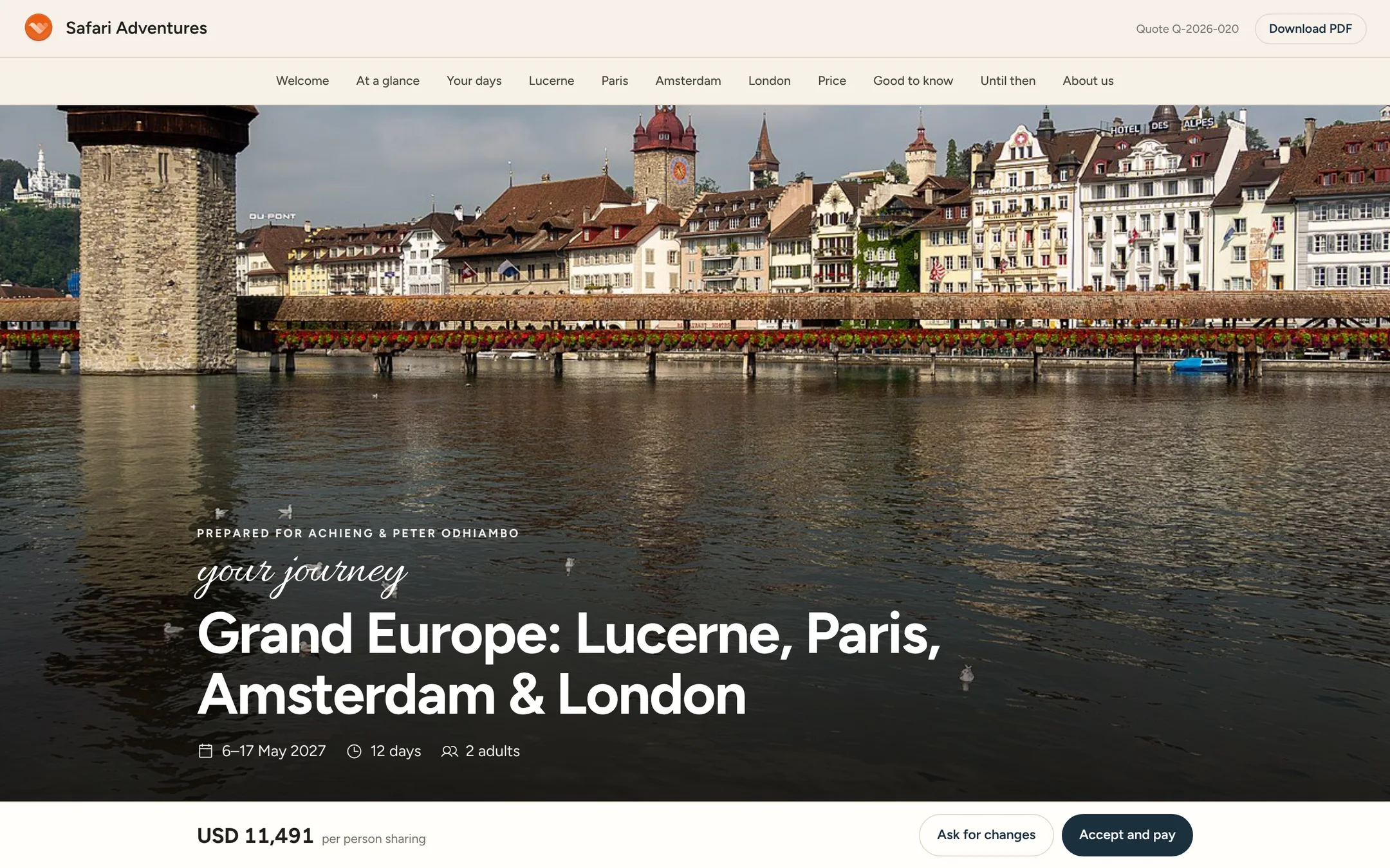 A client&rsquo;s itinerary from Safari Adventures: Grand Europe, Lucerne, Paris, Amsterdam and London, 6 to 17 May 2027, 12 days, 2 adults, with chapters along the top and USD 11,491 per person, Ask for changes and Accept and pay along the bottom.