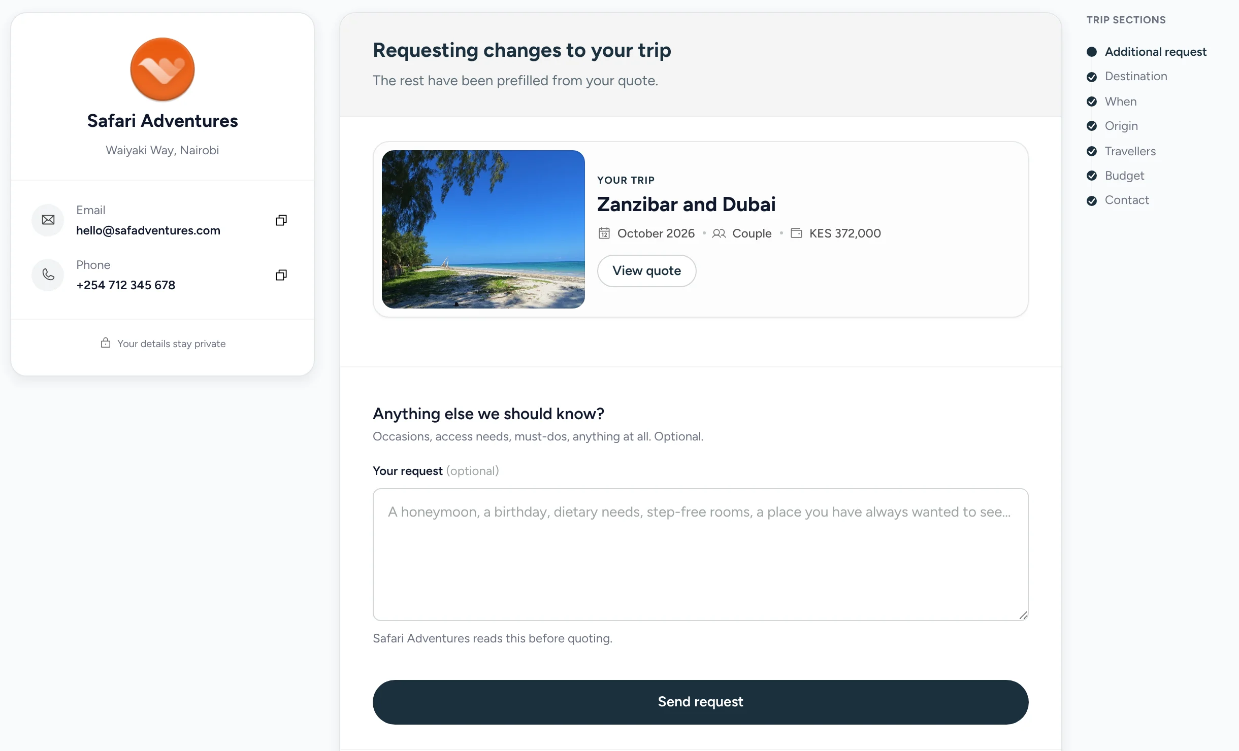 The reservation form from an agent&rsquo;s link: the trip to Zanzibar and Dubai filled in, October 2026, a couple, KES 372,000, with one question left.