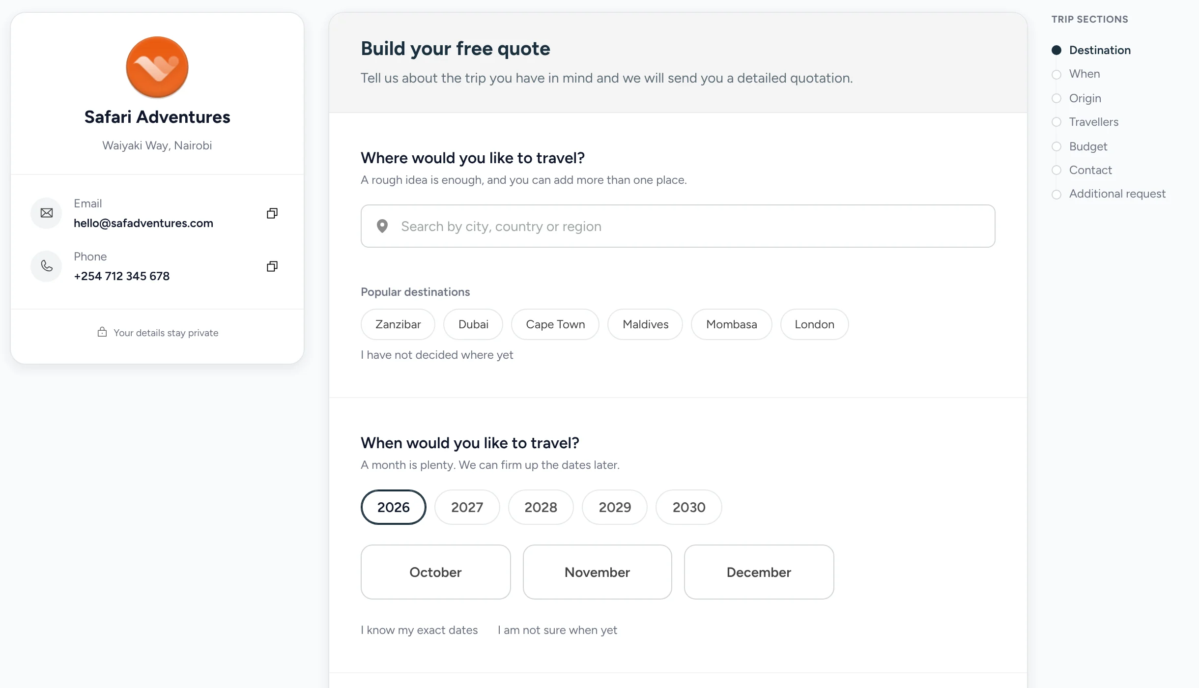 The reservation form from the top: Build your free quote, where would you like to travel, and when.