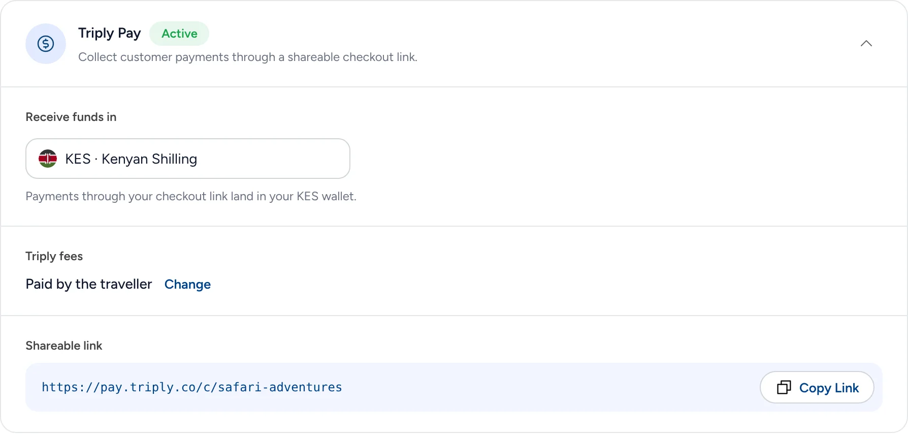 The Triply Pay card in Settings, Integrations: receive funds in KES, Triply fees paid by the traveler with Change, and the shareable link with Copy Link.