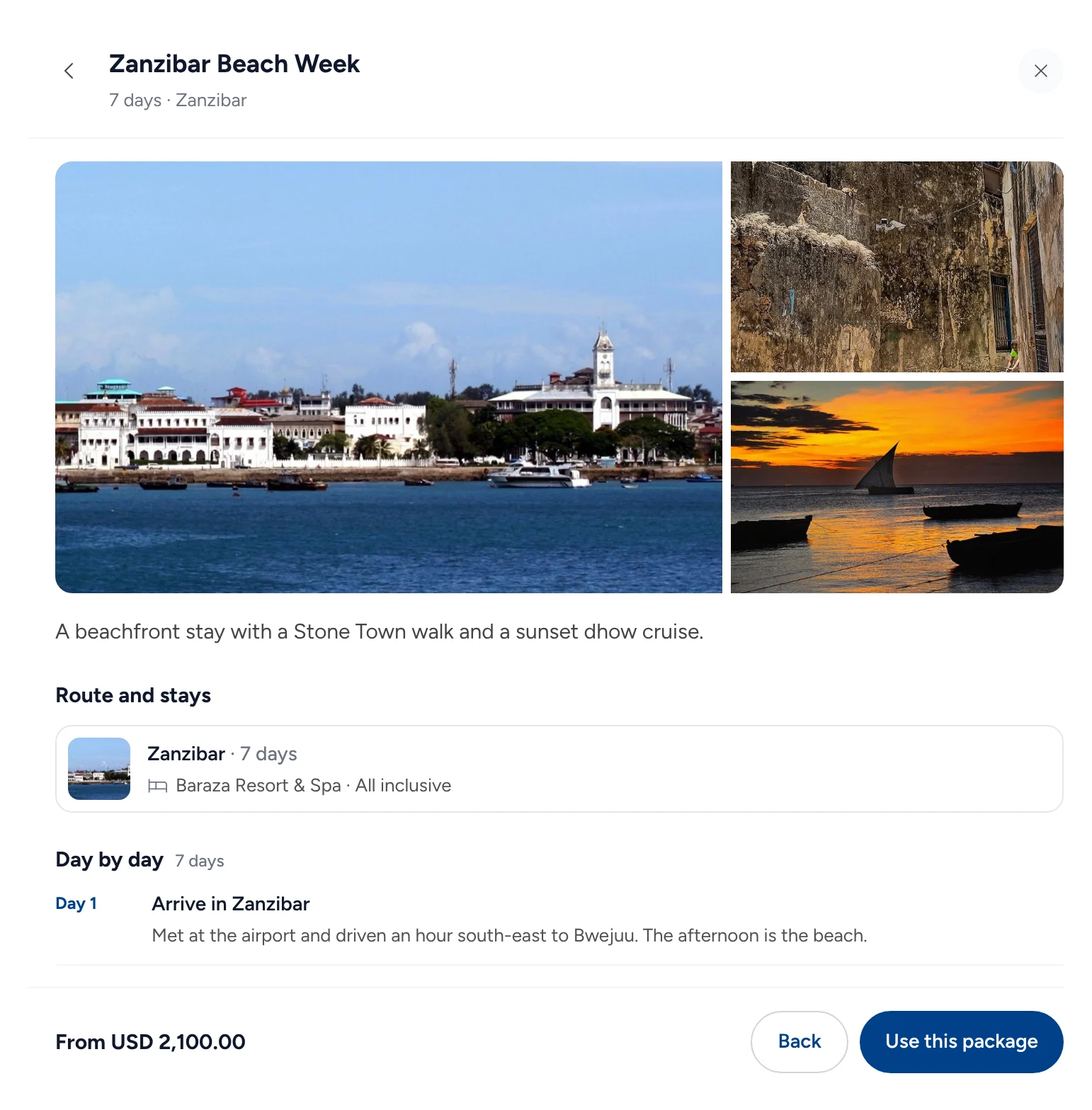 Zanzibar Beach Week: 7 days in Zanzibar at Baraza Resort and Spa, all inclusive, with photos, the day-by-day plan starting with Arrive in Zanzibar, from USD 2,100, and Use this package.