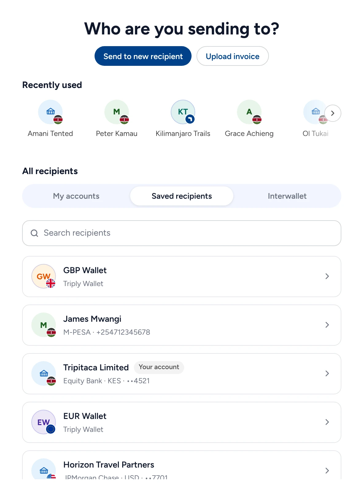 Send Money: recently used recipients, and saved recipients by mobile money, bank and Triply wallet.