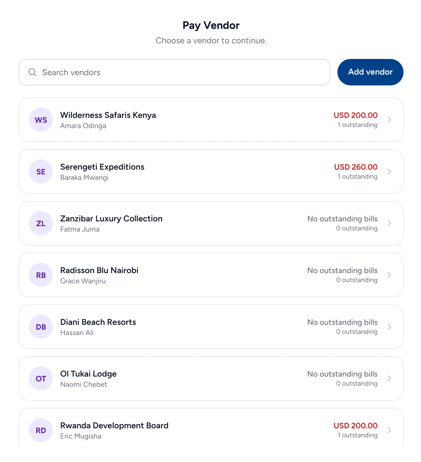 Triply&rsquo;s Pay Vendor list: each vendor with what is outstanding to them.