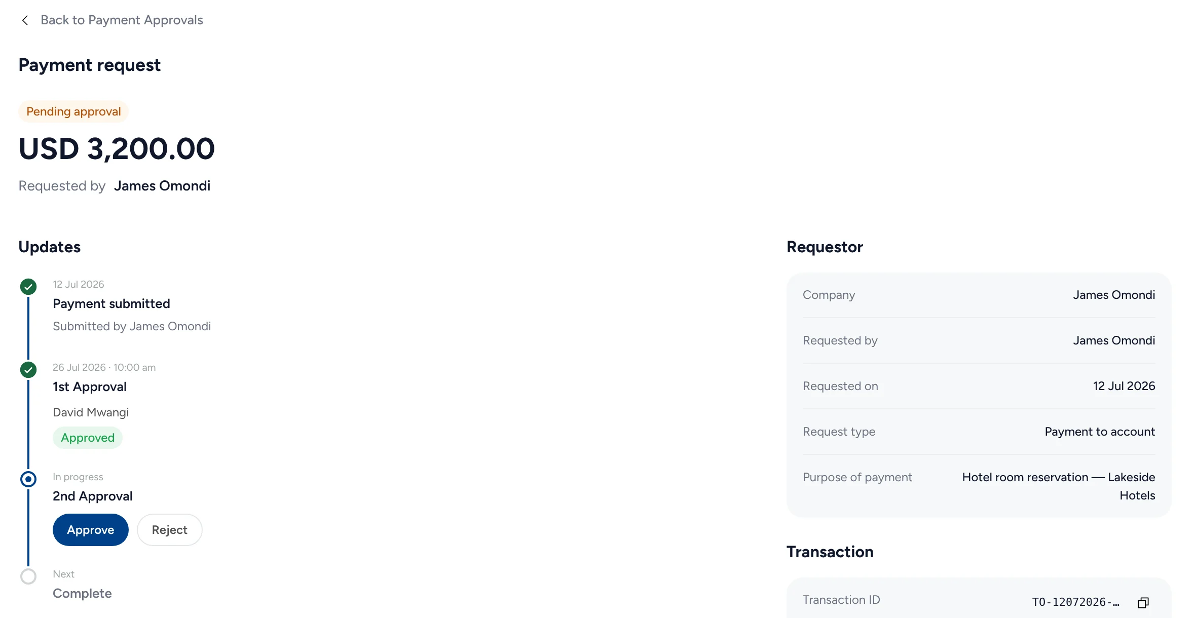 A USD 3,200 payment request: submitted, the first approval given, and the second approval waiting with Approve and Reject.