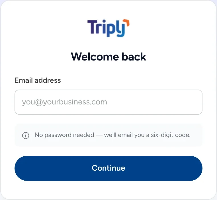 The Triply sign-in: email address, and no password needed, we&rsquo;ll email you a six-digit code.