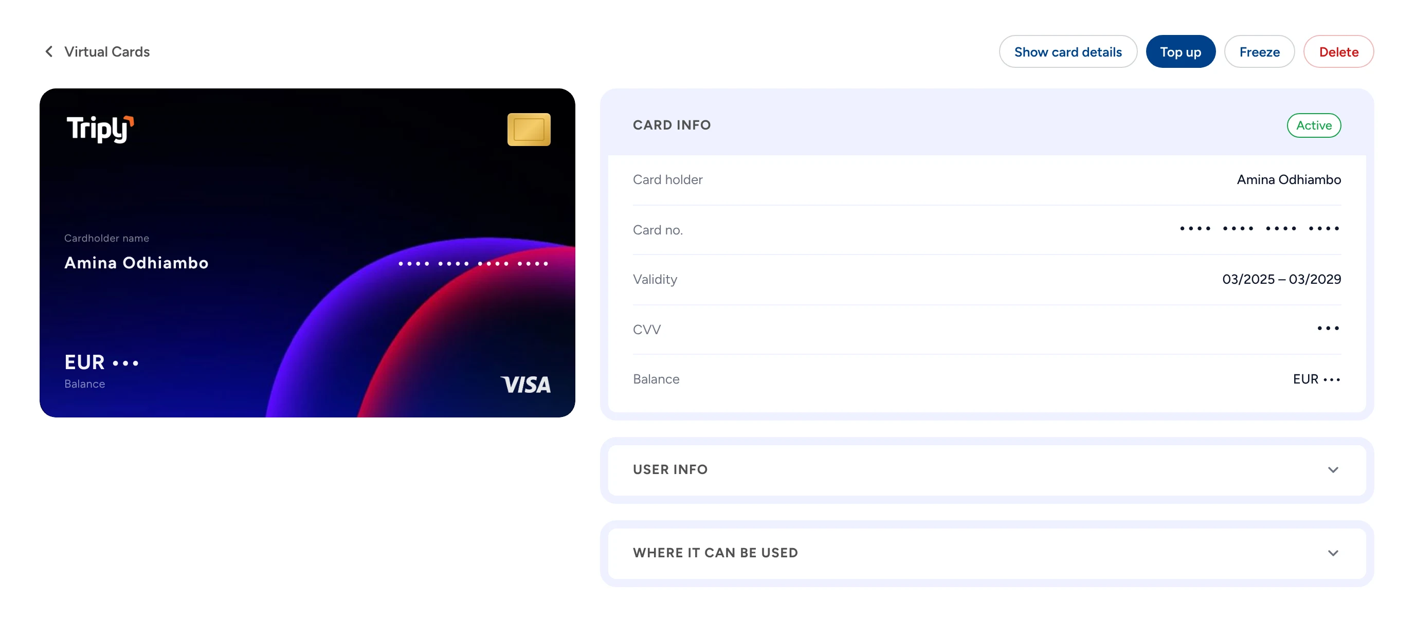 A card&rsquo;s page in Triply: Amina Odhiambo&rsquo;s EUR Visa card, active, valid 03/2025 to 03/2029, with Show card details, Top up, Freeze and Delete.