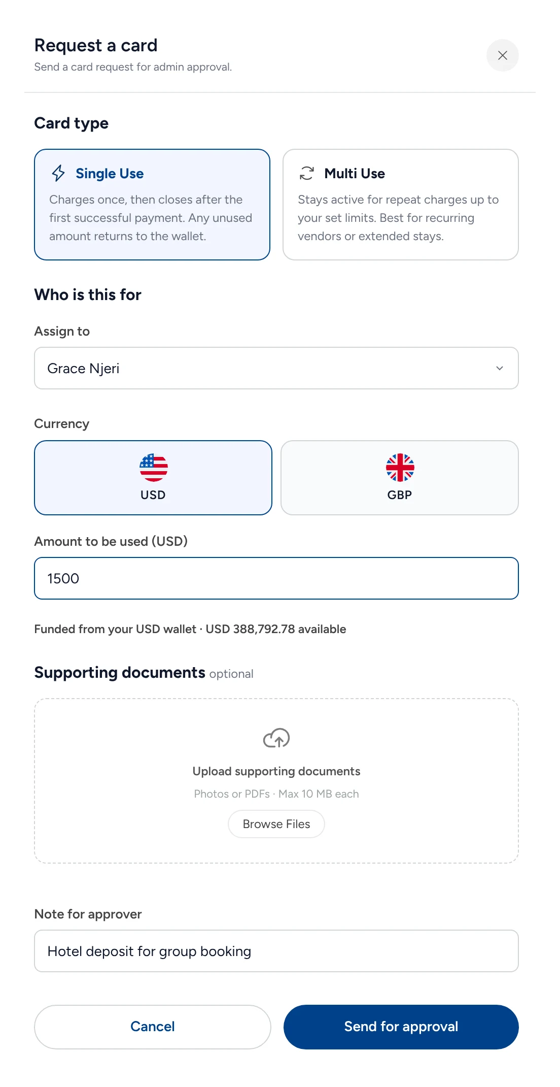 Request a card in Triply: Single Use selected, assigned to Grace Njeri, USD, amount 1,500 funded from the USD wallet, a note for the approver, and Send for approval.