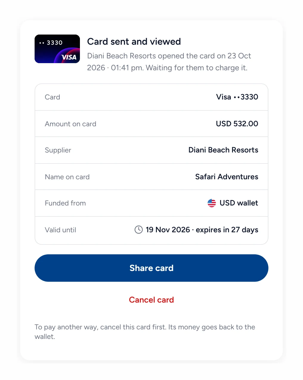 A single-use Visa card ending 3330 for Diani Beach Resorts: USD 532.00 on the card, funded from the USD wallet, valid until 19 Nov 2026, with Share card and Cancel card.