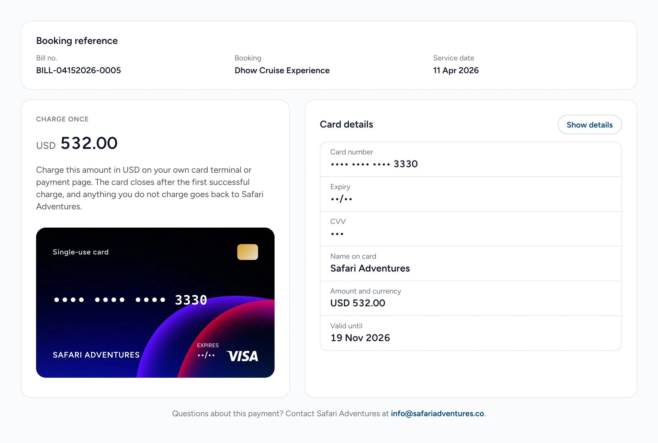 The card on the supplier&rsquo;s page: charge once USD 532.00, a single-use Visa ending 3330 in the name of Safari Adventures, valid until 19 Nov 2026.