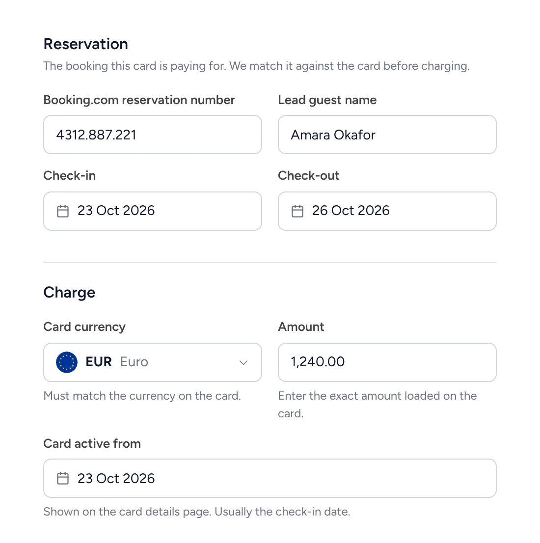 New charge in Triply: Booking.com reservation 4312.887.221 for Amara Okafor, 23 to 26 Oct 2026, EUR 1,240 active from 23 Oct 2026.