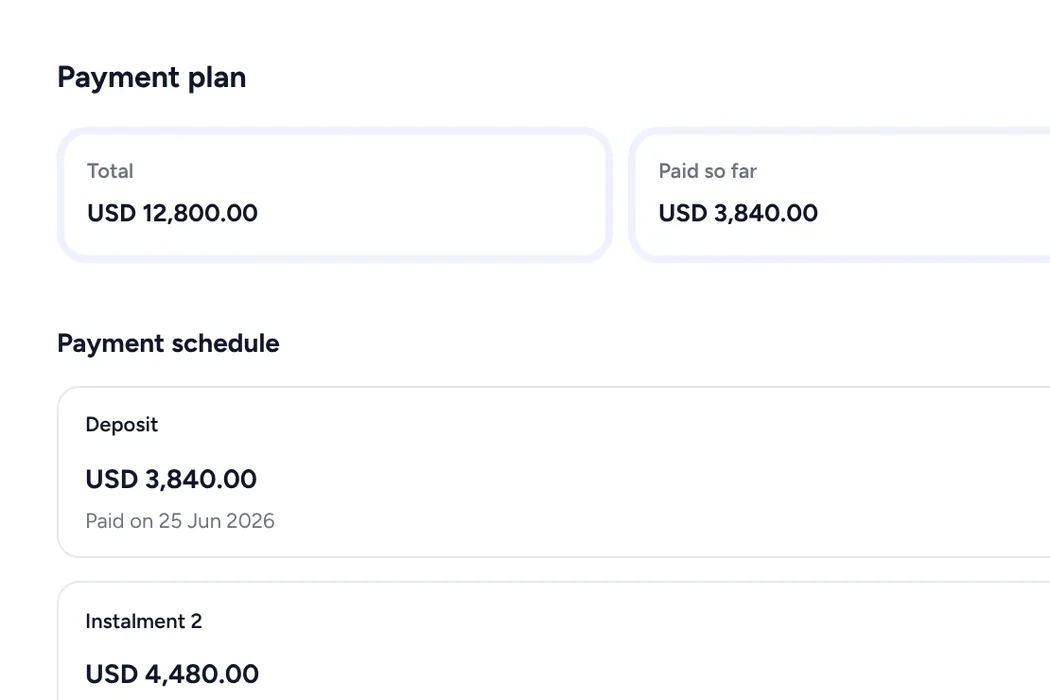 An invoice&rsquo;s payment plan: total USD 12,800, USD 3,840 paid so far, the deposit paid and the instalments due.